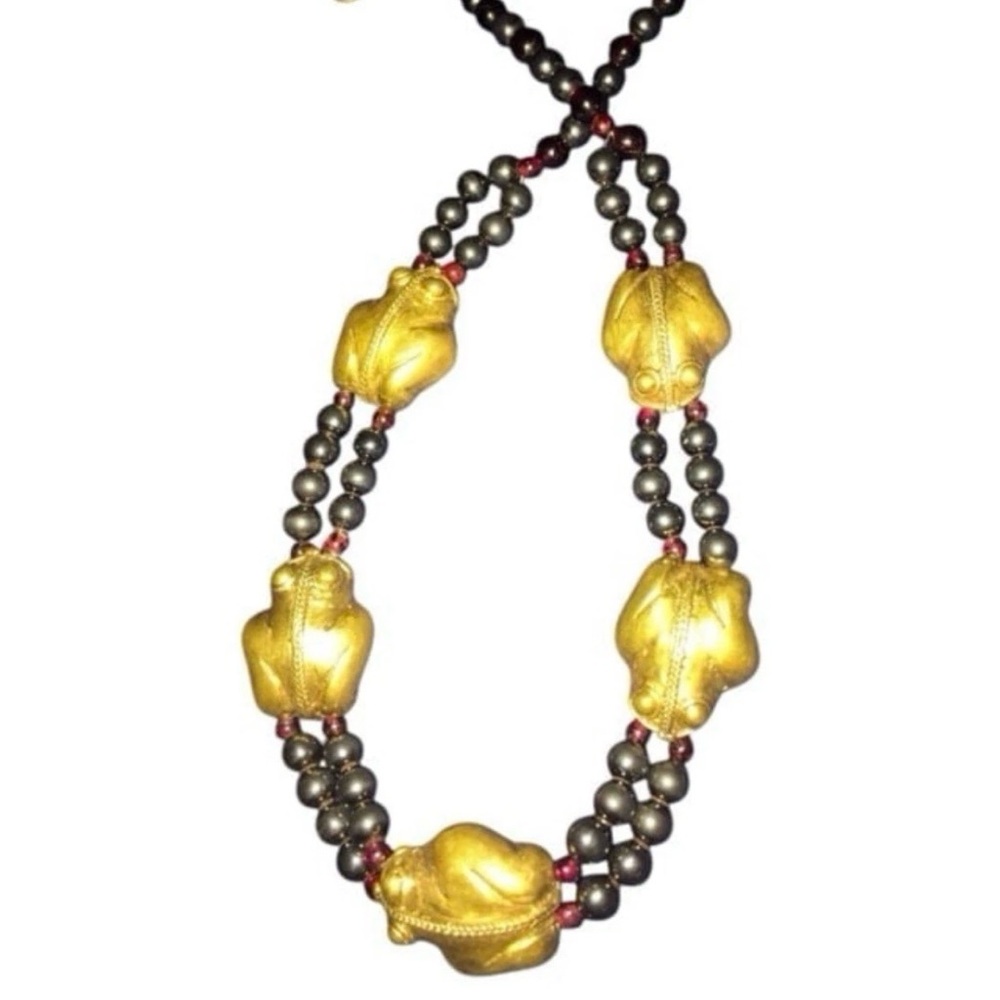 Vintage Pre Colombian Frog Gold Tone Onyx Garnet Beaded Necklace - Picture 9 of 16